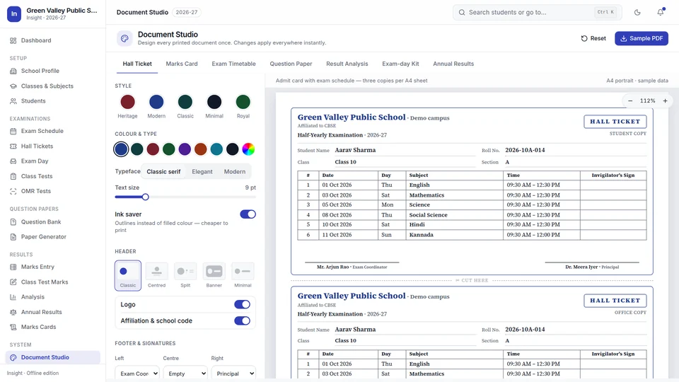 Document Studio with style, colour and header options and a hall ticket preview